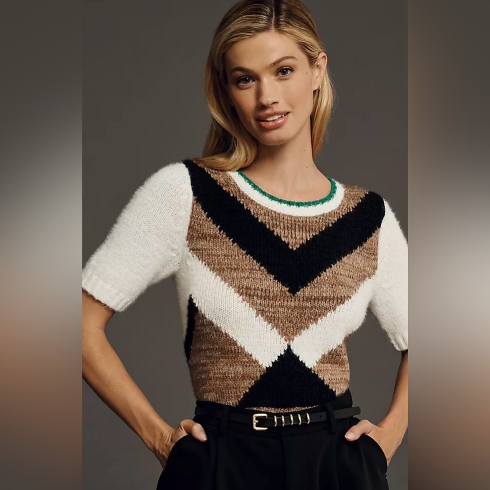 Anthropologie Maeve Chevron Intarsia Shrunken Short-Sleeve Sweater Size S #1700 - Picture 2 of 10